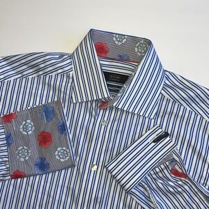 Eton Dress Shirt Mens 16 Blue White Stripe Floral Contrast Extra Long Sleeve